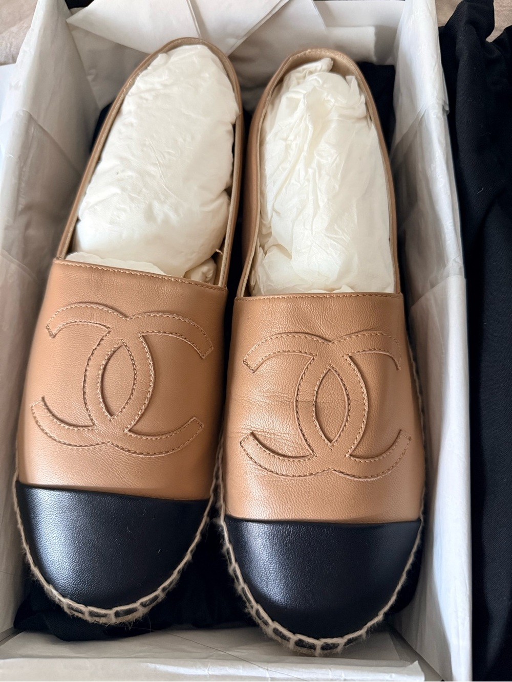 CHANEL Two-Tone Leather Espadrilles in Tan and Black - Picture 1 of 8